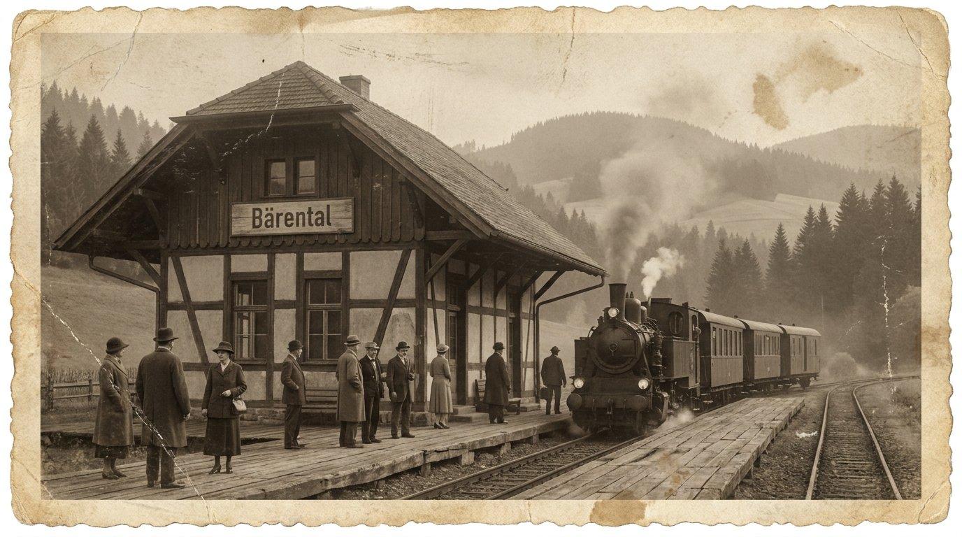 Bahnhof Bärental, 1920er Jahre. Die Dreiseenbahn verband die Bergtäler mit der Außenwelt